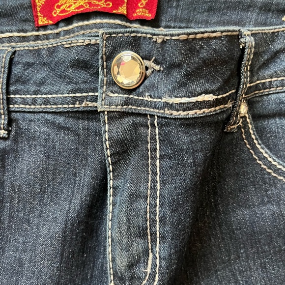 one 5 one Women's Boot Cut Jeans - Dark Blue gem stone decorations on pockets - Picture 4 of 10